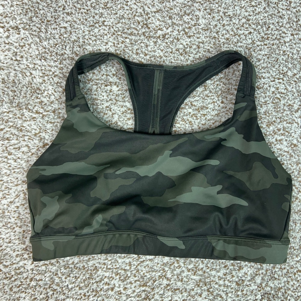 Athleta Bra Women Large Green Camo Workout Racerback Mesh Contender Gym Yoga